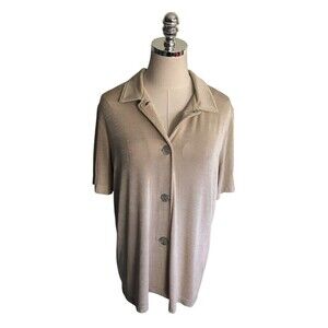 Slinky Brand Top Women's Size Medium Beige Short Sleeve Button Up Stretch